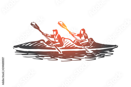 Kayak, sport, water, paddle, canoe concept. Hand drawn isolated vector.