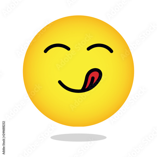 Yellow yummy smiley emoticon hungry face. Emoji with mouth and tongue gourmet enjoying taste vector
