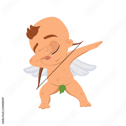 Cupid angel love character vector illustration for Valentine day or wedding dating dabbing naked Amur Eros greek mythology god or cherub baby with bow and green leaf emoji isolated on white background