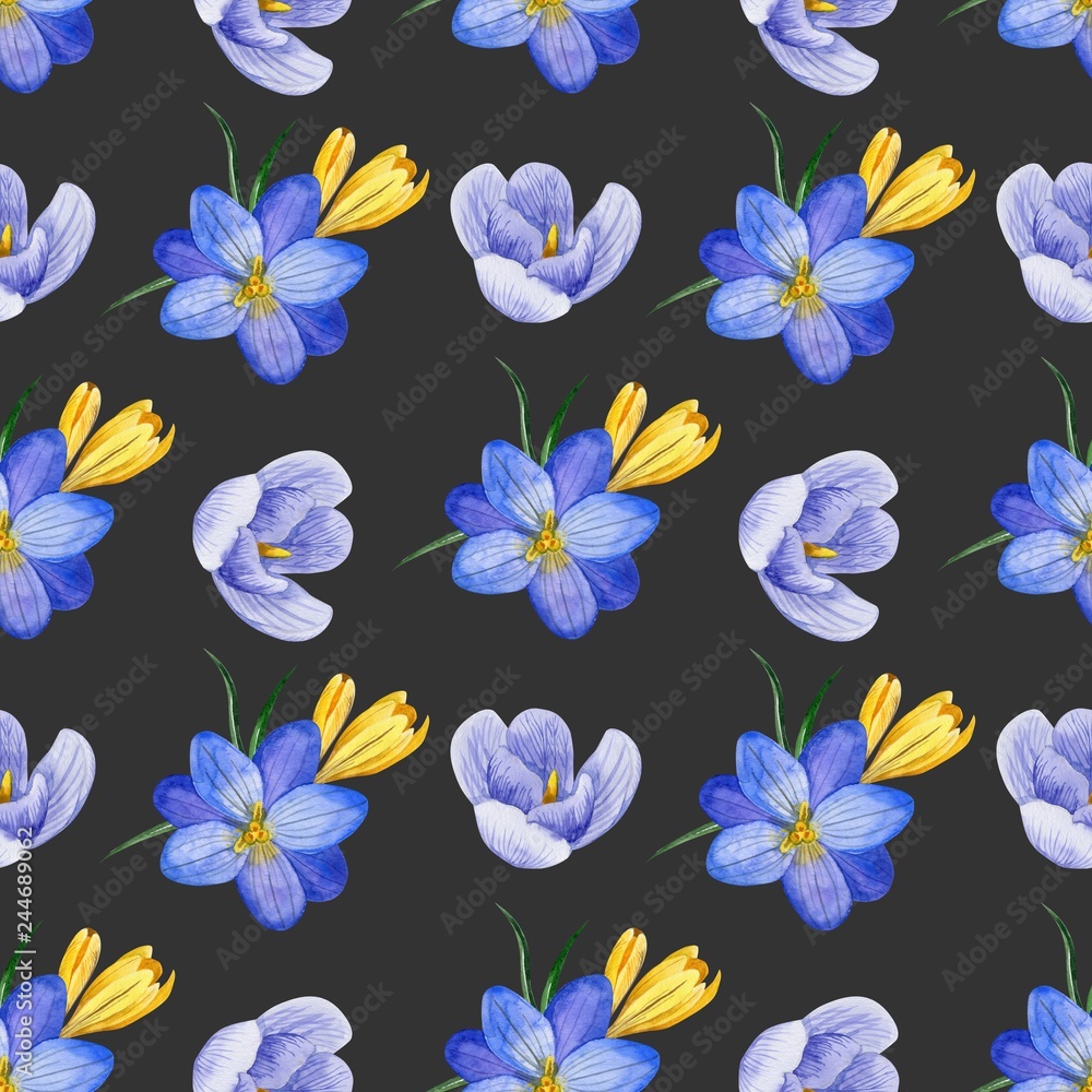 Seamless floral pattern of Crocus flowers and herbs in watercolor style. Perfect background for fabric, wrapping paper, packaging, etc. - Illustration