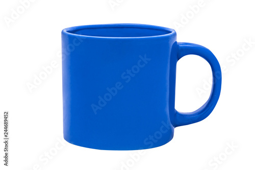 Blue glass, colore mug on white background, coffee cup. Isolated