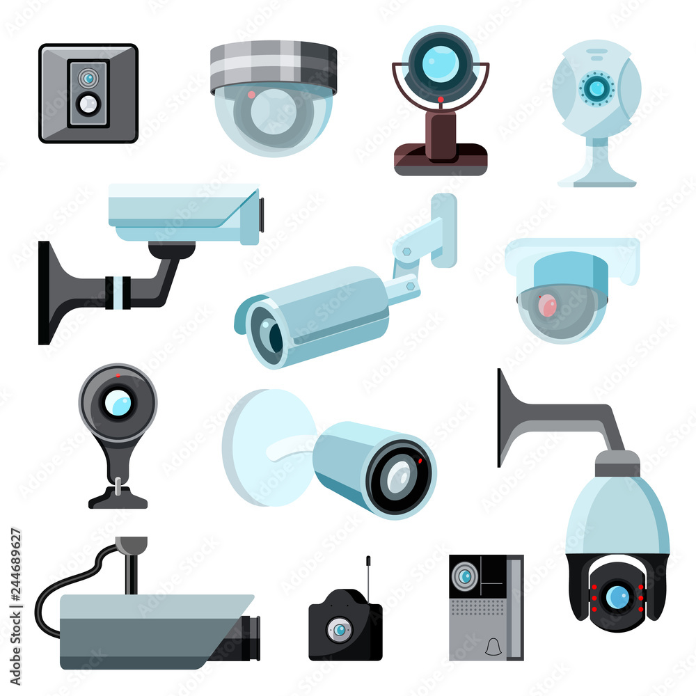 Security camera vector cctv control safety video protection technology system illustration set of privacy secure guard equipment webcam device isolated on white background Security camera vector cctv control safety video protection technology system illustration set of privacy secure guard equipment webcam device isolated on white background