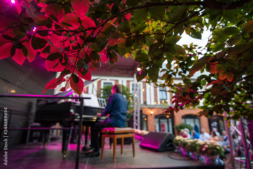Naklejka premium Mężczyzna muzyk na scenie gra na pianinie. Zatłoczone miejsce. Publiczność ciesząca się romantycznym i relaksującym wieczorem.