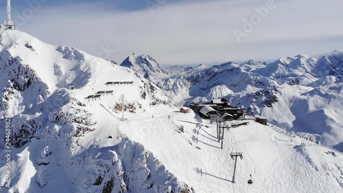 Aerial Footage. Drone shot of ski slopes ans ski resort.