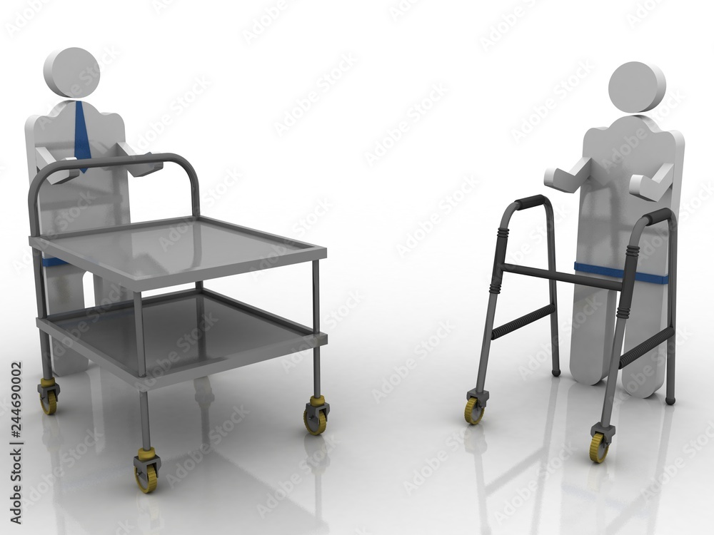 3D illustration Walker standing patient near nurse
