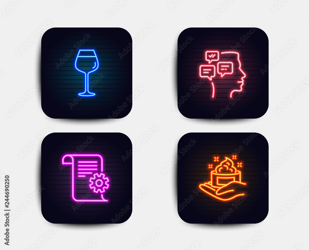 Neon set of Messages, Technical documentation and Bordeaux glass icons. Skin care sign. Notifications, Manual, Wine glass. Hand cream. Neon icons. Glowing light banners. Vector Neon set of Messages, Technical documentation and Bordeaux glass icons. Skin care sign. Notifications, Manual, Wine glass. Hand cream. Neon icons. Glowing light banners. Vector