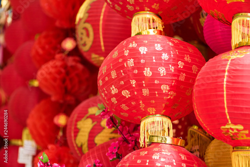 ornamental fake peach flowers and traditional red Chinese lanterns (Chinese New Year or Spring Festival concept).(different style of Chinese characters 