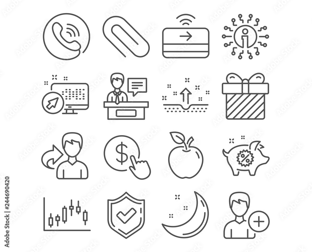 Set of Add person, Paper clip and Buy currency icons. Piggy sale, Exhibitors and Clean skin signs. Contactless payment, Candlestick graph and Surprise symbols. Vector Set of Add person, Paper clip and Buy currency icons. Piggy sale, Exhibitors and Clean skin signs. Contactless payment, Candlestick graph and Surprise symbols. Vector