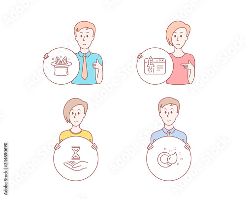 People hand drawn style. Set of Hat-trick, Start business and Time hourglass icons. Paint brush sign. Magic hat, Launch idea, Sand watch. Creativity.  Character hold circle button. Man with like hand