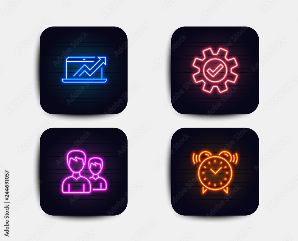 Neon set of Sales diagram, Service and Couple icons. Alarm clock sign. Sale growth chart, Cogwheel gear, Two male users. Time. Neon icons. Glowing light banners. Vector Neon set of Sales diagram, Service and Couple icons. Alarm clock sign. Sale growth chart, Cogwheel gear, Two male users. Time. Neon icons. Glowing light banners. Vector