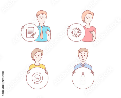 People hand drawn style. Set of Face detect, Money currency and Article icons. Wine bottle sign. Select target, Cash change, Feedback. Cabernet sauvignon.  Character hold circle button. Vector
