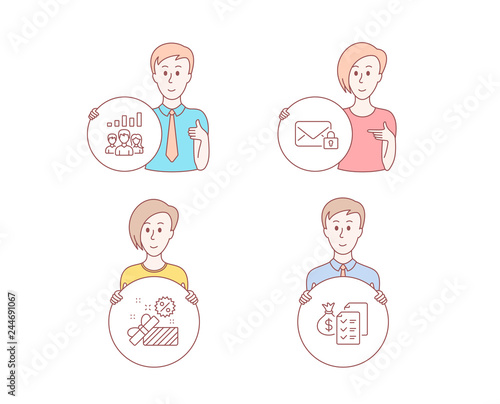 People hand drawn style. Set of Sale, Secure mail and Teamwork results icons. Accounting wealth sign. Gift box, Private e-mail, Group work. Audit report.  Character hold circle button. Vector