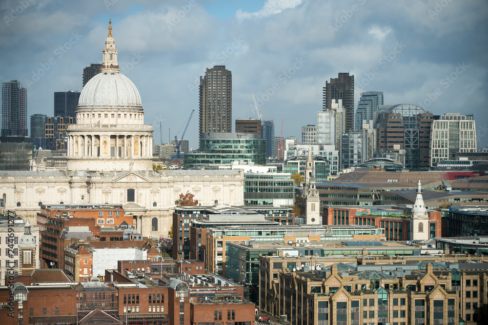 Sunny scenic view of the city skyline of Central London dominated by the Baroque dome of St Paul's Cathedral