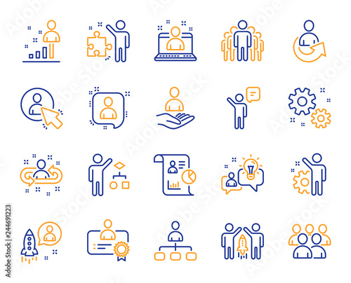 Management line icons. Set of Business audit, Startup strategy and Employee icons. Business strategy, Startup and Teamwork. Organization management, report and group algorithm. Employee job. Vector
