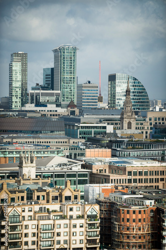 Dramatic overcast scenic view of the city skyline of Central London with a mix of traditional buildings and modern skyscrapers