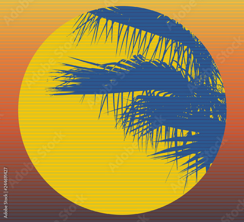 color background in retro style of the 80s. silhouette of a palm tree against the evening sun and sky