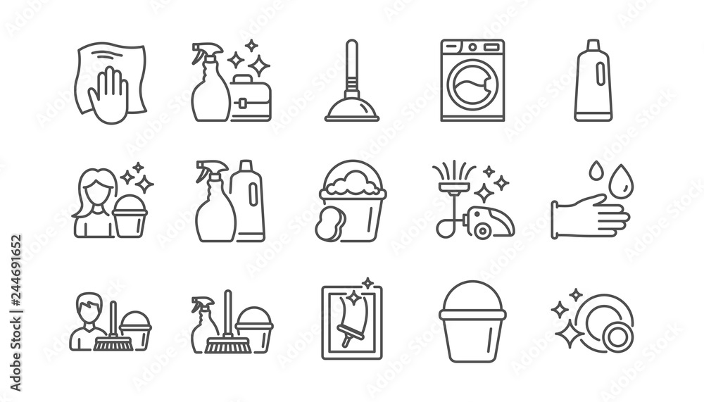 Cleaning line icons. Laundry, Window sponge and Vacuum cleaner. Washing machine linear icon set.  Vector - obrazy, fototapety, plakaty 