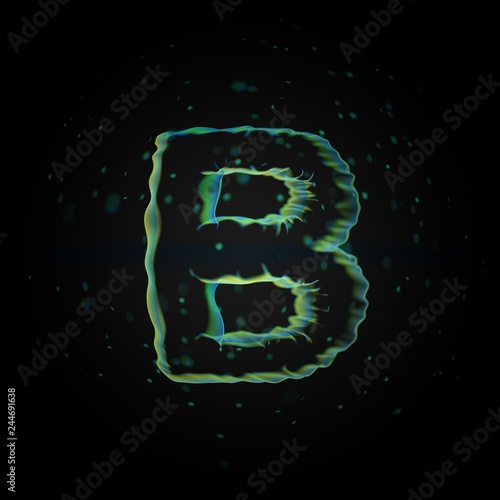 Microscopic letter B uppercase. 3D rendered nano font with tiny particles on black background