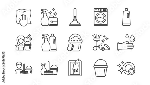 Cleaning line icons. Laundry, Window sponge and Vacuum cleaner. Washing machine linear icon set.  Vector