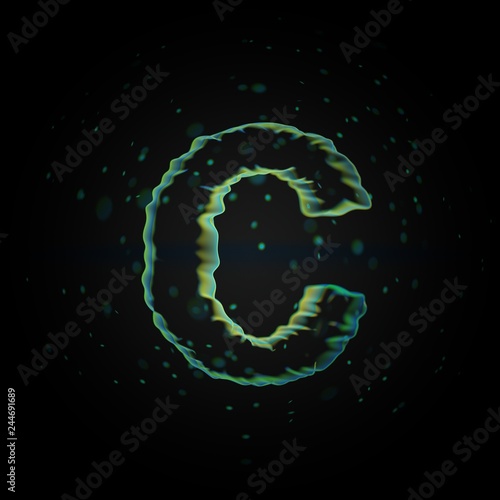 Microscopic letter C uppercase. 3D rendered nano font with tiny particles on black background