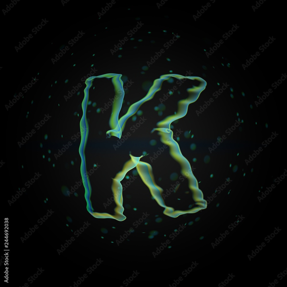 Microscopic letter K uppercase. 3D rendered nano font with tiny particles on black background