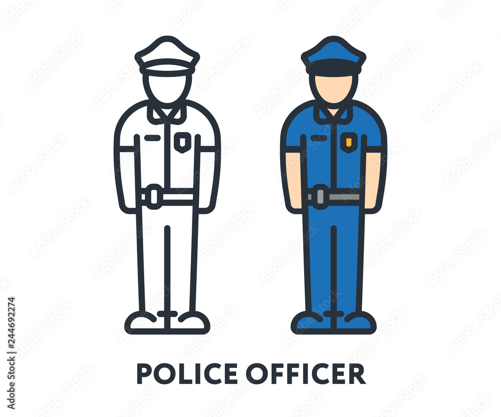 Police Officer Cop Character Uniform Cap. Vector Flat Line Stroke Icon. Police Officer Cop Character Uniform Cap. Vector Flat Line Stroke Icon.