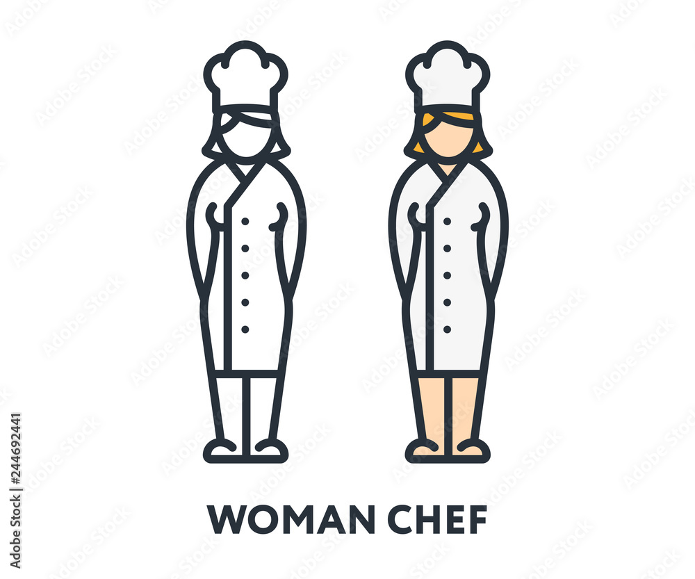 Female Chef Woman Cook Character Uniform Hat. Vector Flat Line Stroke Icon.
