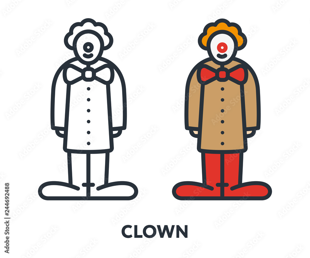 Red Hair Clown Character Nose Bow Boots Costume. Vector Flat Line Stroke Icon. Red Hair Clown Character Nose Bow Boots Costume. Vector Flat Line Stroke Icon.