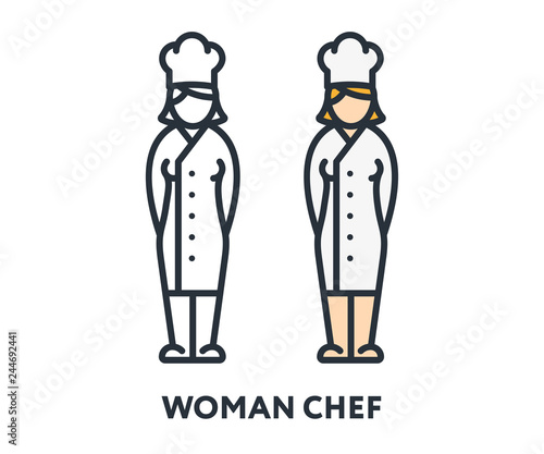 Female Chef Woman Cook Character Uniform Hat. Vector Flat Line Stroke Icon.