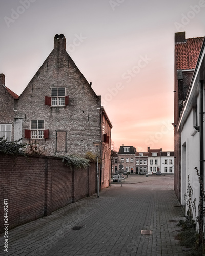 Sunset over the canal houses in Bergen op Zoom, the Netherlands