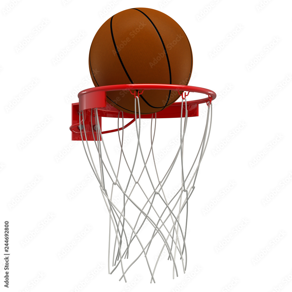 Basketball hoop, net and ball. isolated on white background. 3d render.