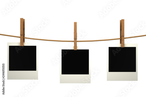Empty paper notes holding on clothesline with wooden clothespins isolated cutout on white background. realistic. 3d render.
