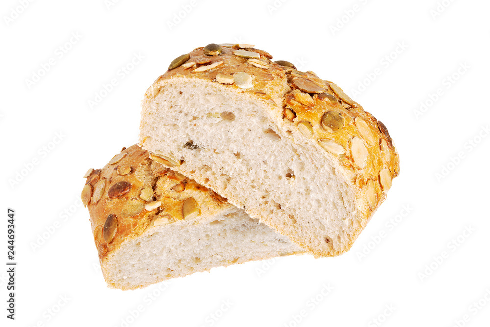 Bread with pumpkin seeds isolated on white background. Piece and Sliced roll