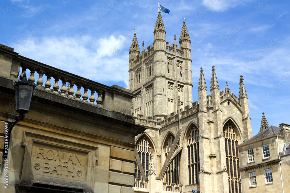 Bath Abbey with Roman Bath detail in the World Heritage City of Bath, UK