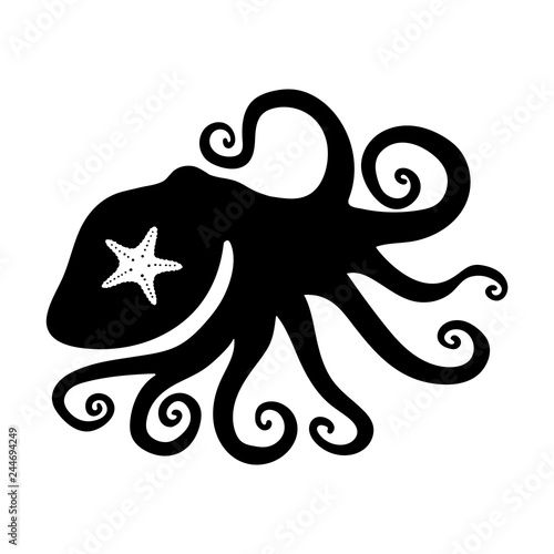 black silhouette of octopus and sea star