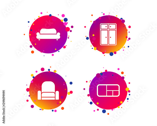 Furniture icons. Sofa, cupboard, and book shelf signs. Modern armchair symbol. Gradient circle buttons with icons. Random dots design. Vector