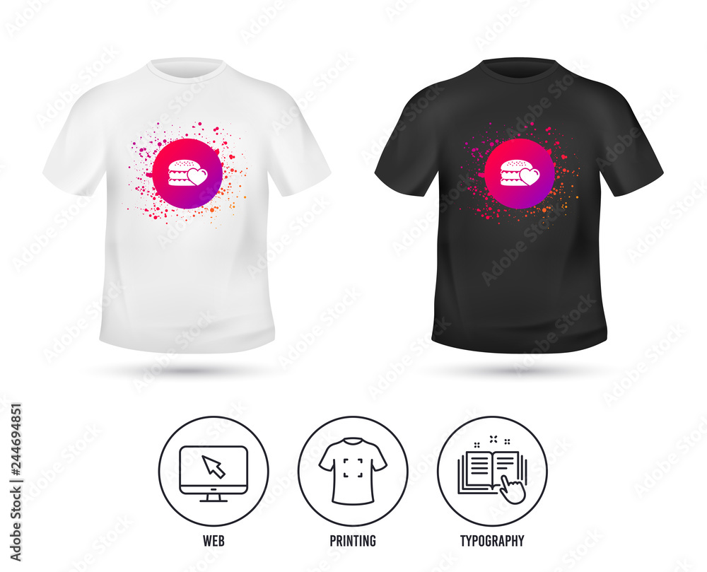 Naklejka premium T-shirt mock up template. Hamburger icon. Burger food symbol. Cheeseburger sandwich sign. Realistic shirt mockup design. Printing, typography icon. Vector