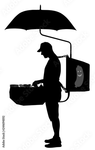 Fast food seller vector silhouette illustration. Mobile restaurant offer hot dog and burger outdoor on the street. Beach food and drink. Popular public marketing with snack tasting. Worker standing.