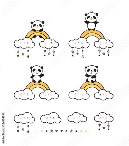 Fototapeta Naklejka Na Ścianę i Meble -  Set of cute pandas, gold rainbows, happy clouds and stars. Hand drawn illustration for your design, doodles, sketch. Vector.
