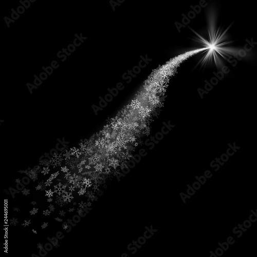Effect of white glitter trail star. Sparkling confetti or shimmer shine wave trace. Overlay object on black background for New Year or Christmas template. EPS 10