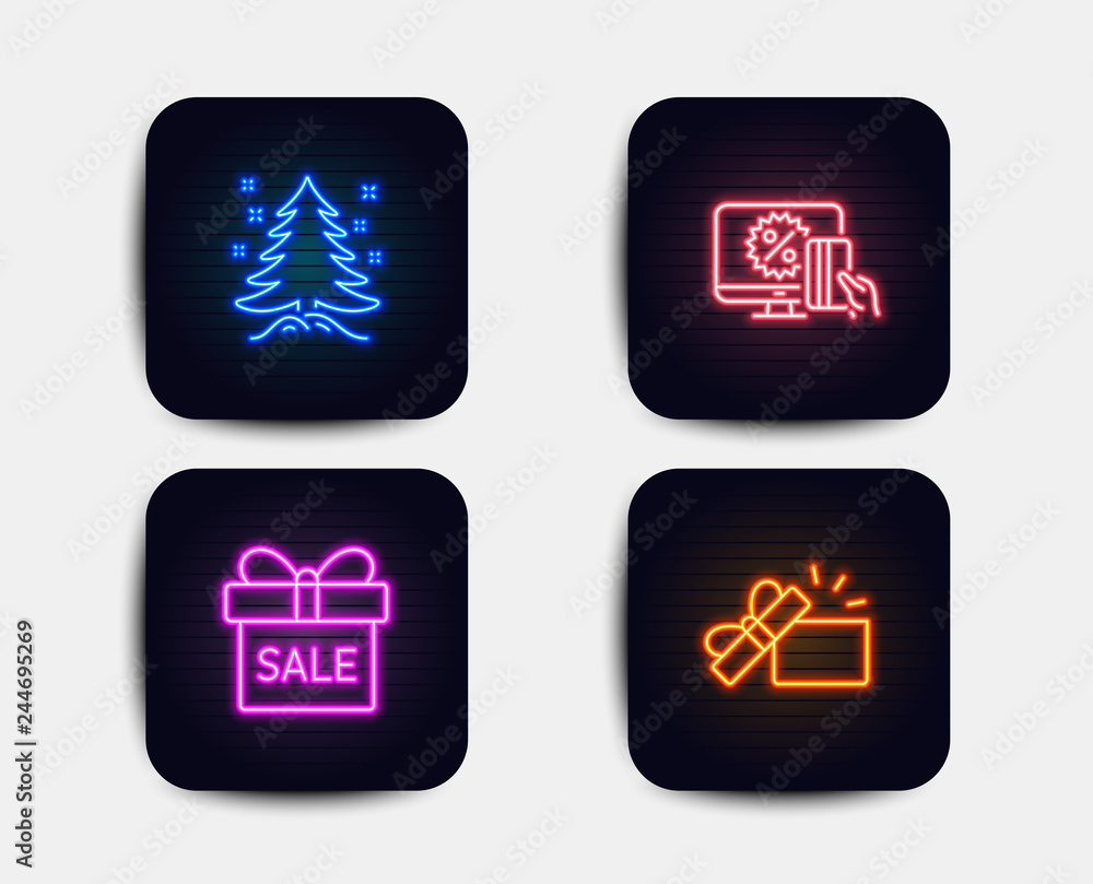 Neon glow lights. Set of Sale offer, Online shopping and Christmas tree icons. Opened gift sign. Gift box, Black friday, Spruce. Present box. Neon icons. Glowing light banners. Vector Neon glow lights. Set of Sale offer, Online shopping and Christmas tree icons. Opened gift sign. Gift box, Black friday, Spruce. Present box. Neon icons. Glowing light banners. Vector