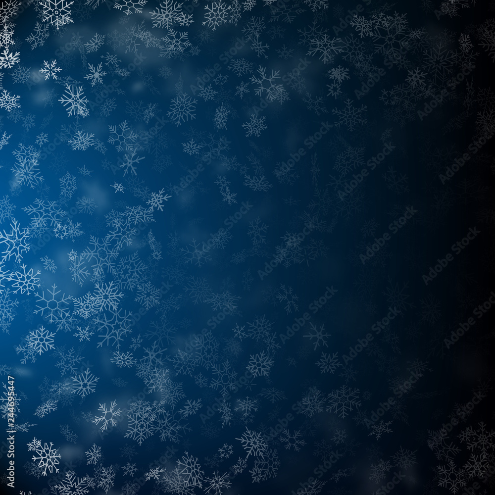 Realistic falling snowflakes in different shapes and forms. Many white cold flake transparent elements. EPS 10