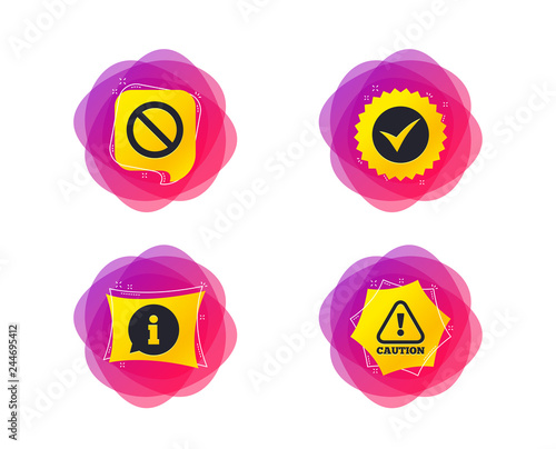 Information icons. Stop prohibition and attention caution signs. Approved check mark symbol. Geometric gradient sales shapes. Creative banners. Template for design. Vector