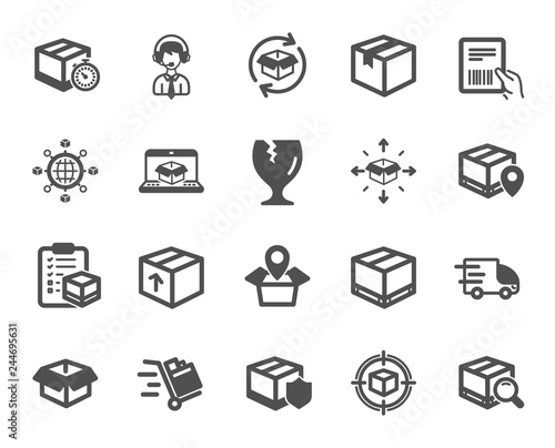 Logistics, Shipping document icons. Set of Truck Delivery, Box and Checklist icons. Parcel tracking shipping, World trade logistics. Location pin, Goods parcel insurance and document. Vector