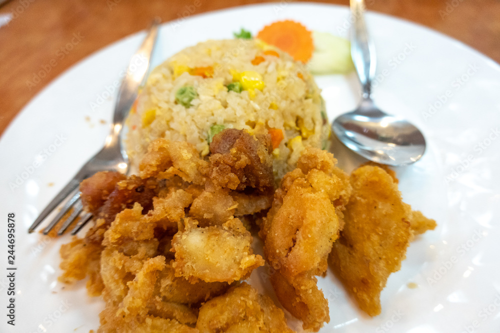 Chicken fries rice with close up view Chicken fries rice with close up view