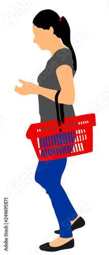 Woman doing everyday grocery shopping with shopping basket at supermarket, vector isolated on white background. Lady usual walk after work with consumer bag buy food and another goods in market.