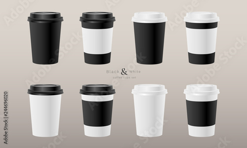 Paper coffee cups set black and white color disposable realistic 3d template mockup blank vector EPS 10