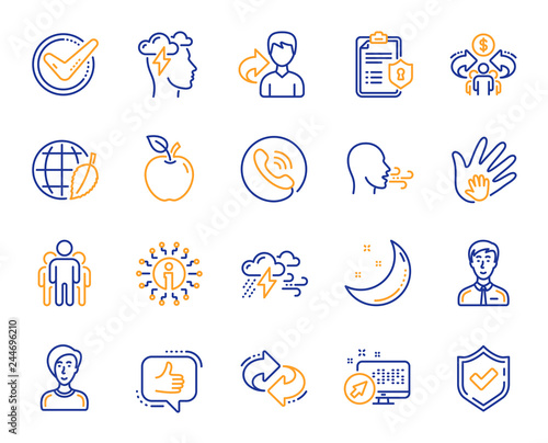 Check mark, Sharing economy and Mindfulness stress, Breath people line icons. Privacy Policy, Social Responsibility, Breath icons. Bad weather, Tick check mark, sharing refer, stress. Vector
