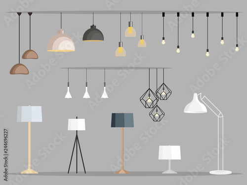 Set of lamps. Furniture chandelier, floor and table lamp in flat cartoon style. Vector illustration
