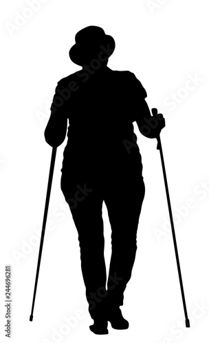 Nordic walking vector silhouette illustration isolated on white background. Senior person hiking outdoor in park. Old lady walking with sticks. Woman walking nordic style with sticks.